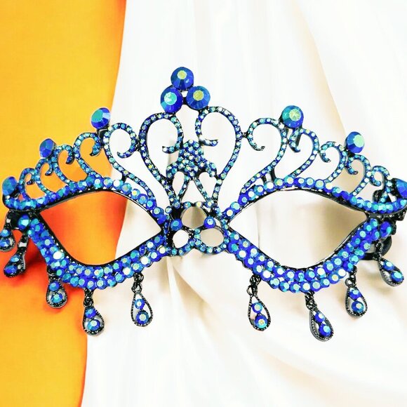 Blue Crystal Masquerade Mask, Mardi Gras Mask, Sapphire Crystal Mask, Black Mask - Picture 1 of 7